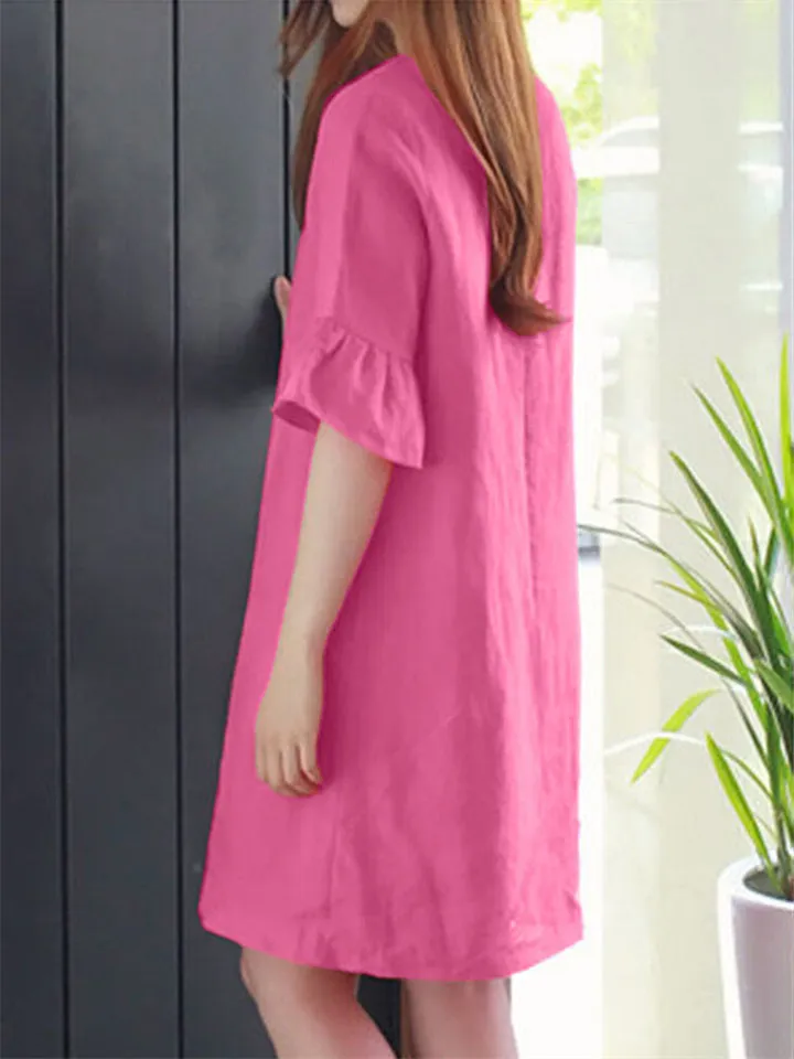 Leisure Round Neck Bell Sleeve Mini Dress for Women