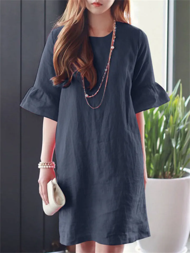 Leisure Round Neck Bell Sleeve Mini Dress for Women