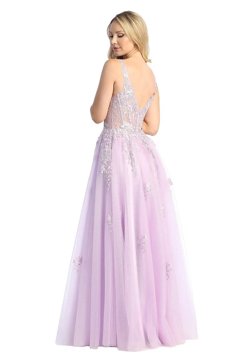 LF 7730 - Shimmer Tulle A-Line Prom Gown with 3D Floral Applique Sheer Boned Bodice & Leg Slit