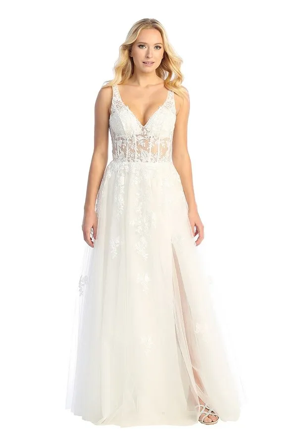 LF 7730 - Shimmer Tulle A-Line Prom Gown with 3D Floral Applique Sheer Boned Bodice & Leg Slit