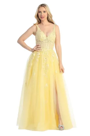 LF 7730 - Shimmer Tulle A-Line Prom Gown with 3D Floral Applique Sheer Boned Bodice & Leg Slit