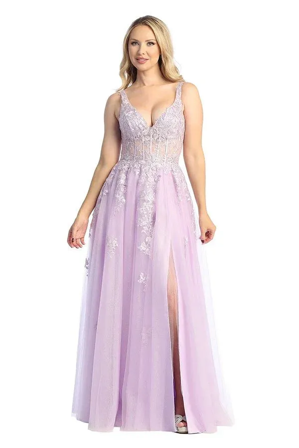 LF 7730 - Shimmer Tulle A-Line Prom Gown with 3D Floral Applique Sheer Boned Bodice & Leg Slit