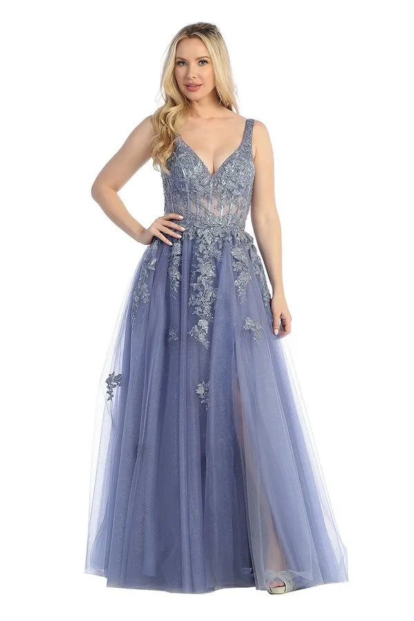 LF 7730 - Shimmer Tulle A-Line Prom Gown with 3D Floral Applique Sheer Boned Bodice & Leg Slit