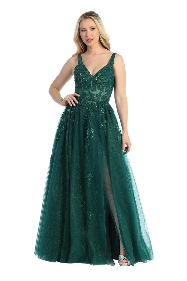 LF 7730 - Shimmer Tulle A-Line Prom Gown with 3D Floral Applique Sheer Boned Bodice & Leg Slit