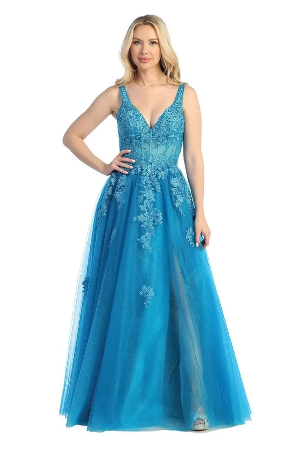 LF 7730 - Shimmer Tulle A-Line Prom Gown with 3D Floral Applique Sheer Boned Bodice & Leg Slit