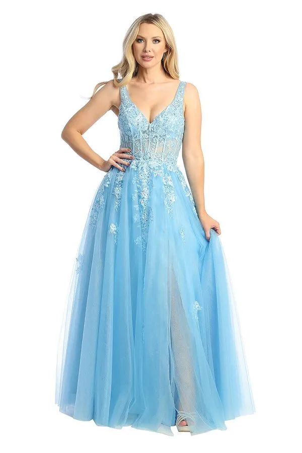 LF 7730 - Shimmer Tulle A-Line Prom Gown with 3D Floral Applique Sheer Boned Bodice & Leg Slit