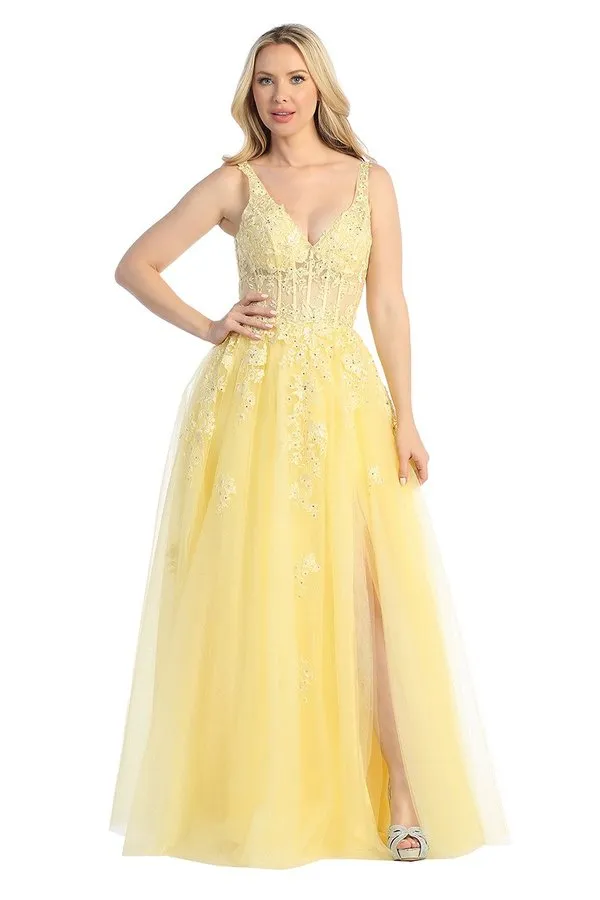 LF 7730 - Shimmer Tulle A-Line Prom Gown with 3D Floral Applique Sheer Boned Bodice & Leg Slit