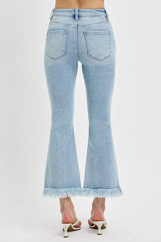 Light Blue Raw Hem Distressed Cropped Flare Jeans Plus Size