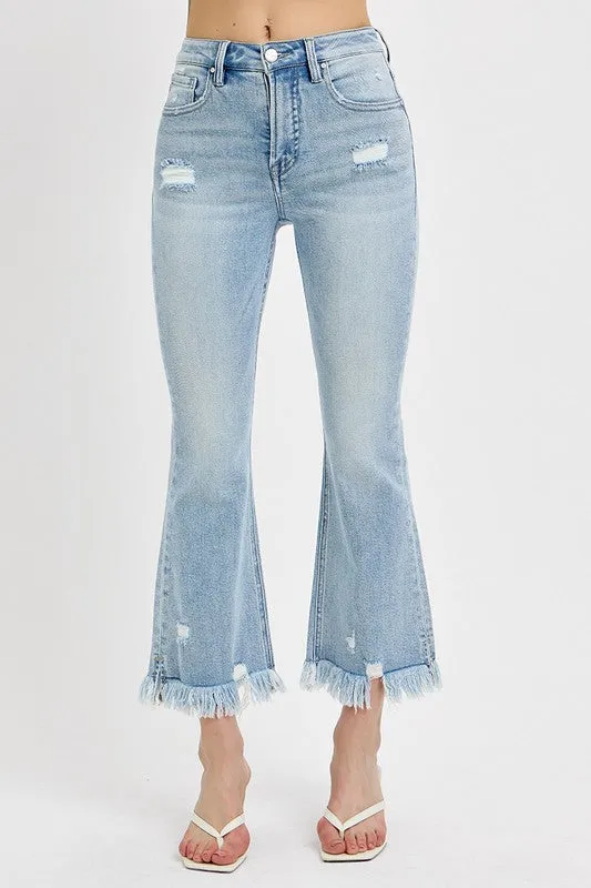 Light Blue Raw Hem Distressed Cropped Flare Jeans Plus Size