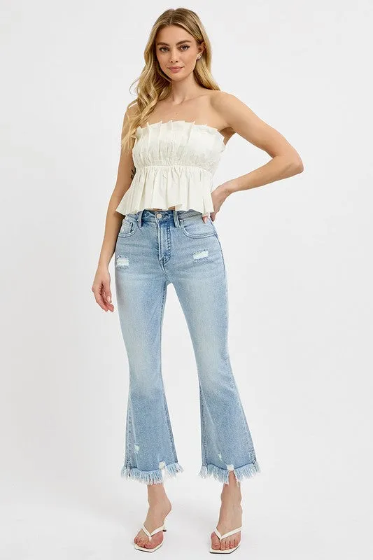 Light Blue Raw Hem Distressed Cropped Flare Jeans Plus Size