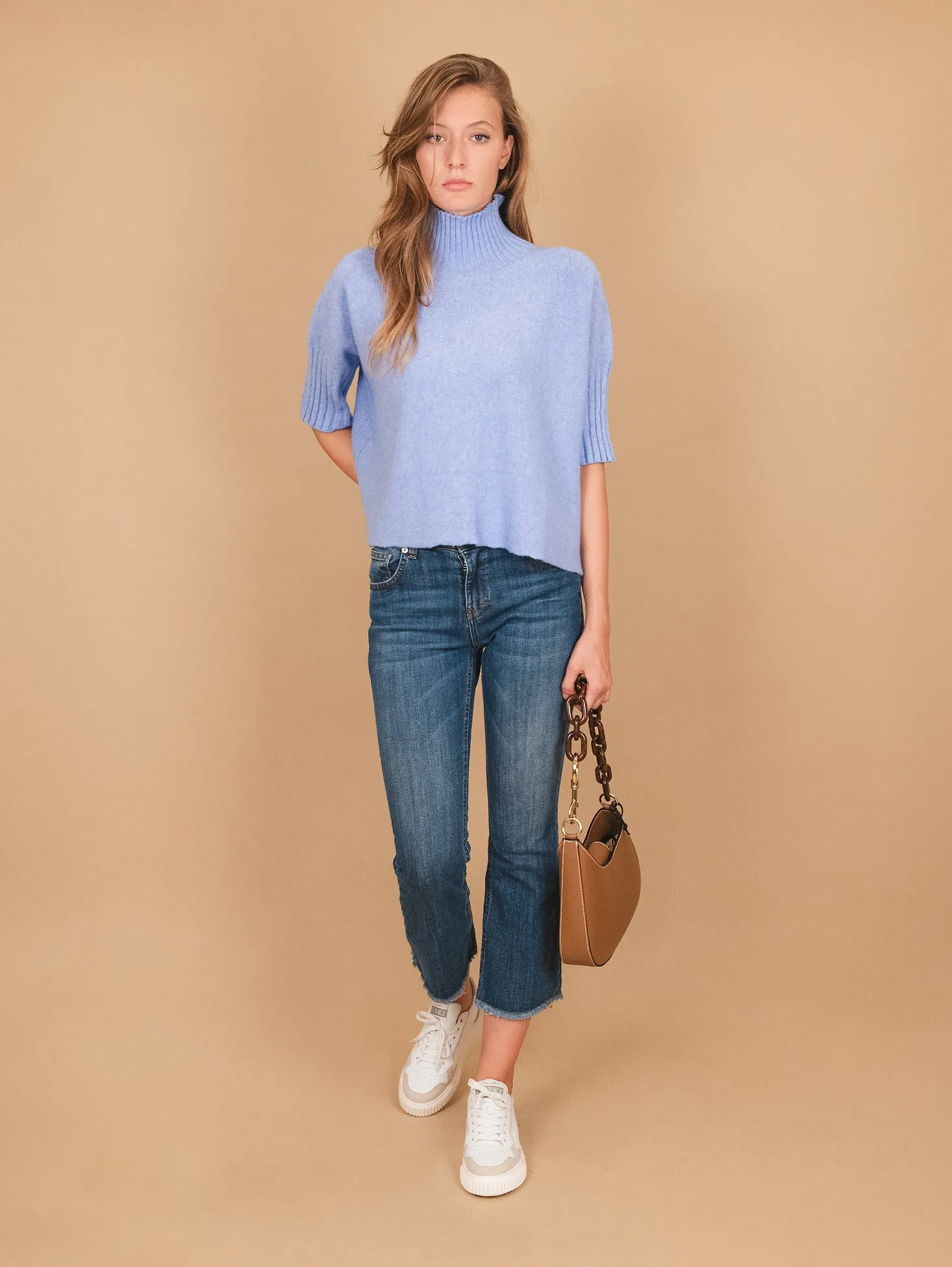 LUPETTO IN MAGLIA OVER CON MANICA TRE QUARTI AZZURRO