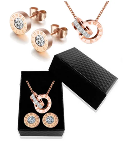 Luxury Gold Roman Numeral Stainless Steel Necklace Earring Jewelry Set Wedding For Women