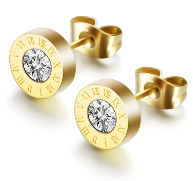 Luxury Gold Roman Numeral Stainless Steel Necklace Earring Jewelry Set Wedding For Women