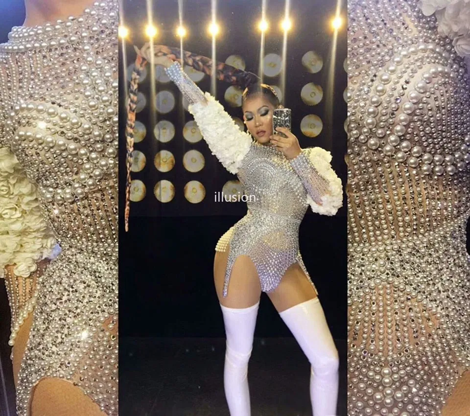 Luxury Pearls Rhinestones Flower Sleeve Bodysuit