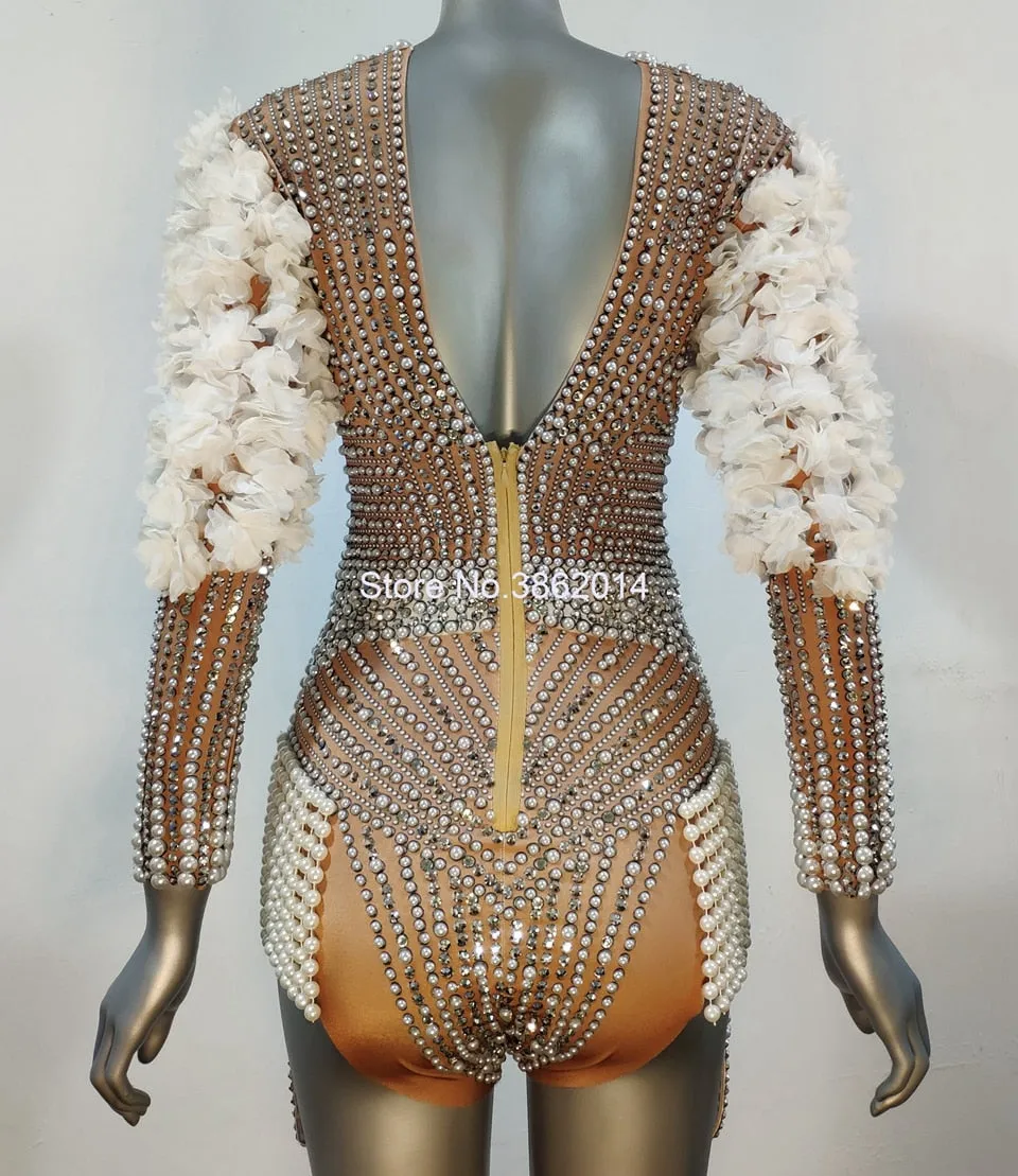 Luxury Pearls Rhinestones Flower Sleeve Bodysuit