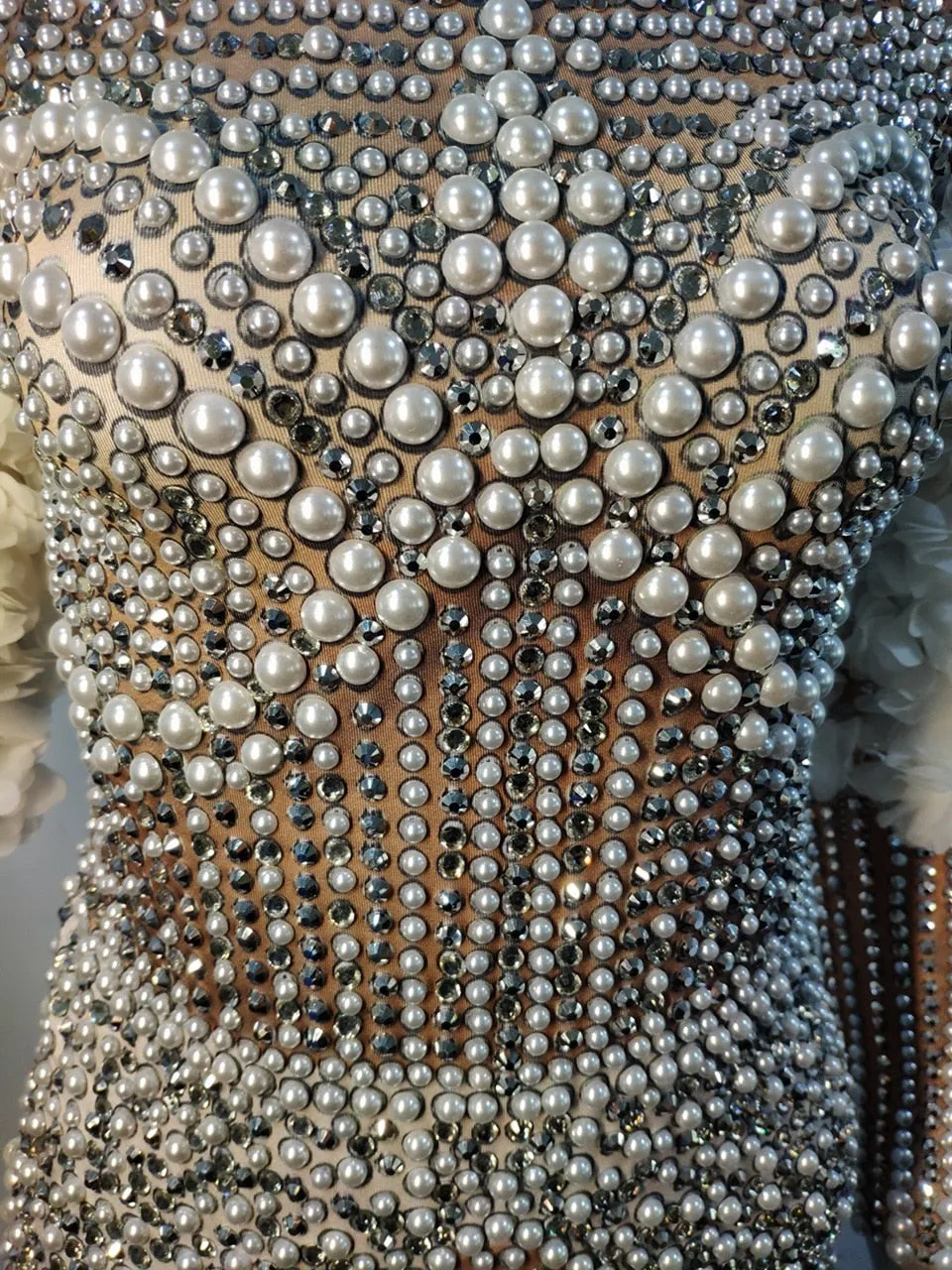 Luxury Pearls Rhinestones Flower Sleeve Bodysuit