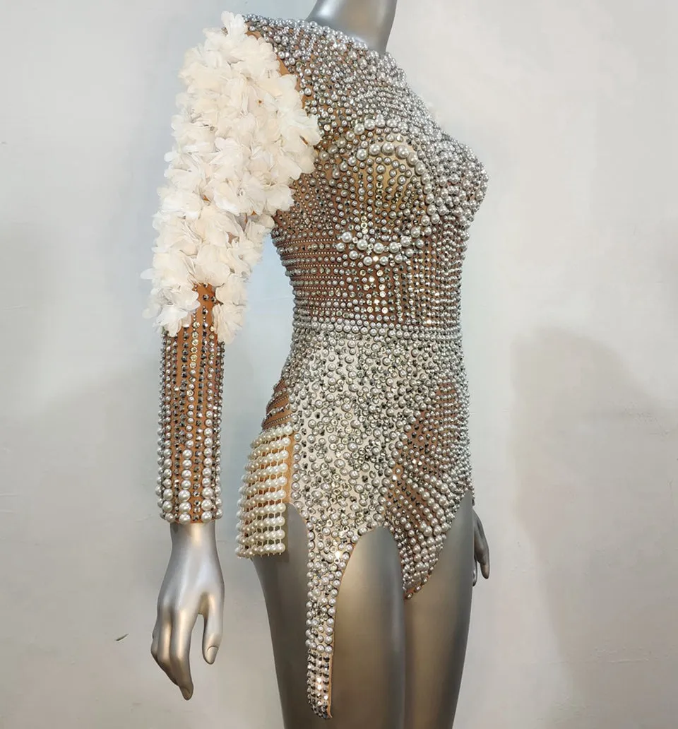 Luxury Pearls Rhinestones Flower Sleeve Bodysuit