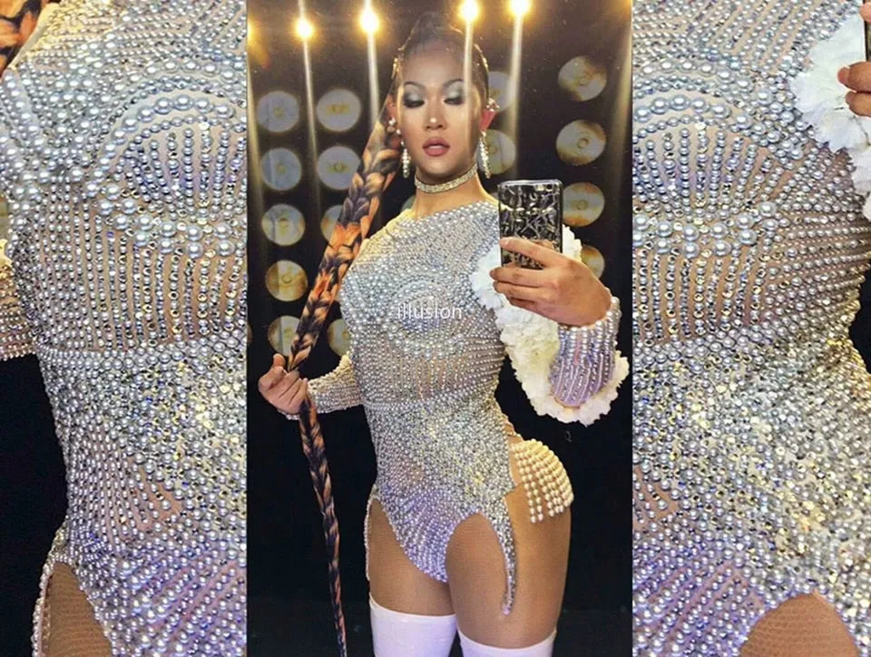 Luxury Pearls Rhinestones Flower Sleeve Bodysuit