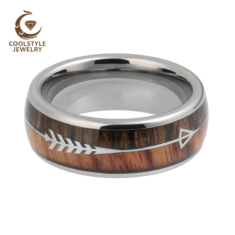 Mens & Womens Tungsten Rings Wedding Koa Wood Arrow Inlay Domed Polished Shiny Comfort Fit