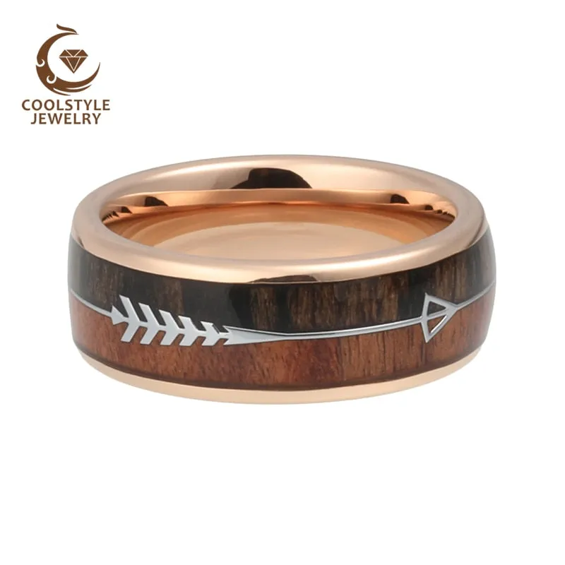 Mens & Womens Tungsten Rings Wedding Koa Wood Arrow Inlay Domed Polished Shiny Comfort Fit