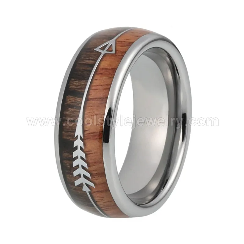 Mens & Womens Tungsten Rings Wedding Koa Wood Arrow Inlay Domed Polished Shiny Comfort Fit