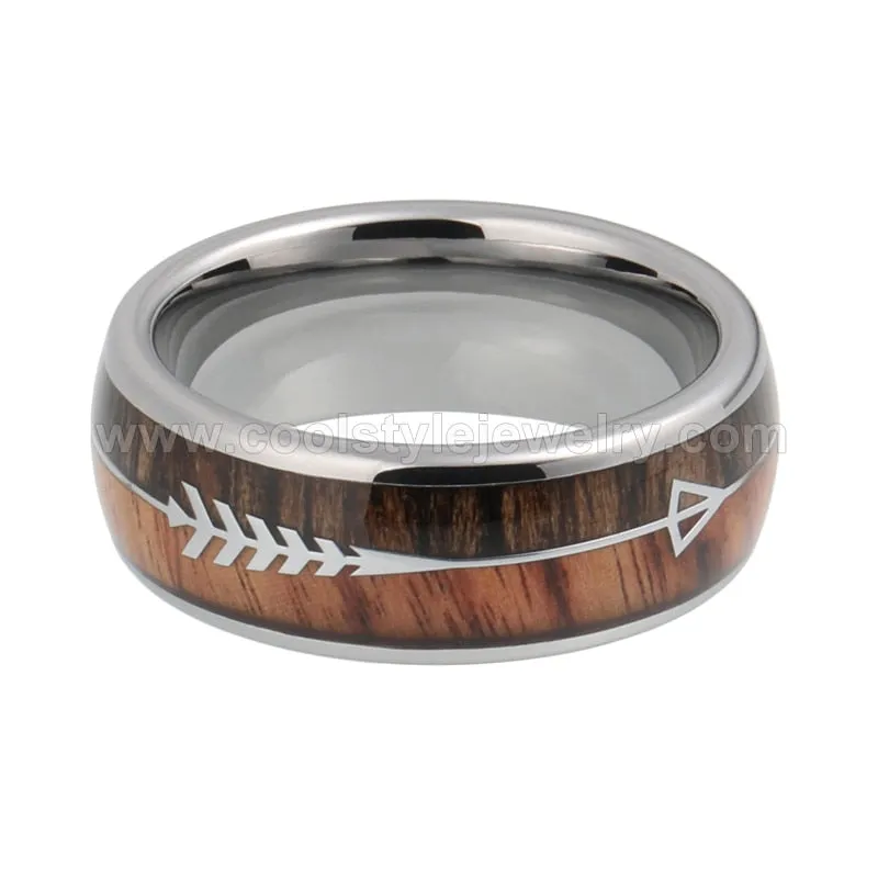 Mens & Womens Tungsten Rings Wedding Koa Wood Arrow Inlay Domed Polished Shiny Comfort Fit
