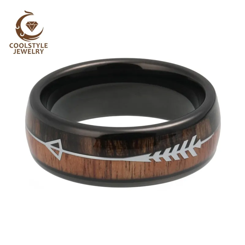 Mens & Womens Tungsten Rings Wedding Koa Wood Arrow Inlay Domed Polished Shiny Comfort Fit