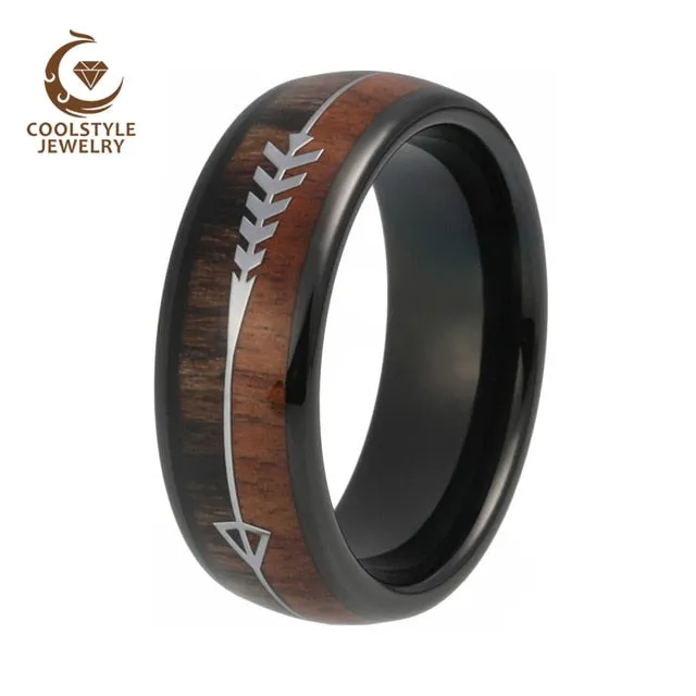 Mens & Womens Tungsten Rings Wedding Koa Wood Arrow Inlay Domed Polished Shiny Comfort Fit
