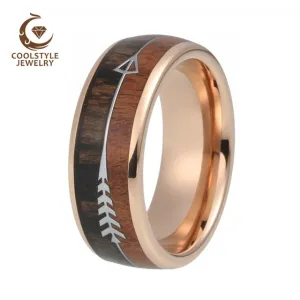 Mens & Womens Tungsten Rings Wedding Koa Wood Arrow Inlay Domed Polished Shiny Comfort Fit