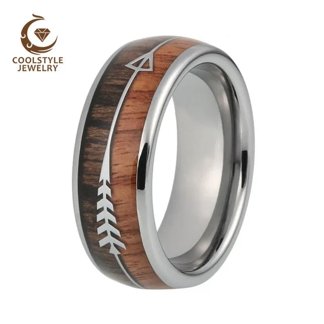 Mens & Womens Tungsten Rings Wedding Koa Wood Arrow Inlay Domed Polished Shiny Comfort Fit
