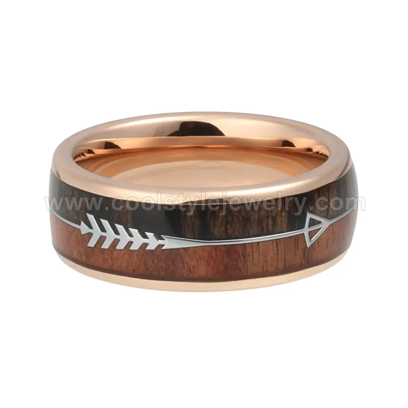 Mens & Womens Tungsten Rings Wedding Koa Wood Arrow Inlay Domed Polished Shiny Comfort Fit