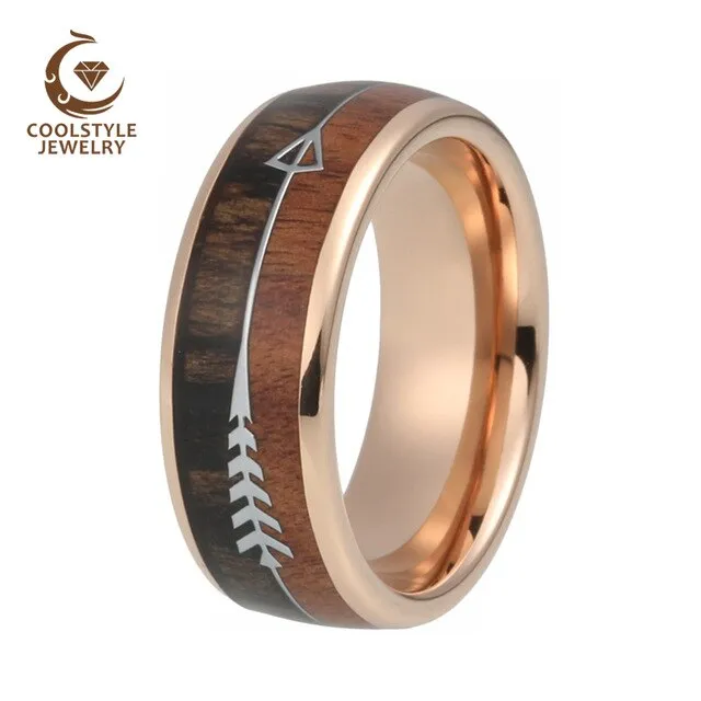 Mens & Womens Tungsten Rings Wedding Koa Wood Arrow Inlay Domed Polished Shiny Comfort Fit