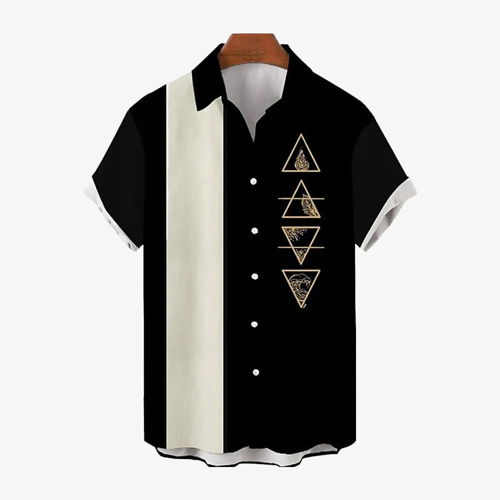 Men's Geometric Bowling Shirt Large Slub Linen Short Sleeve Shirt