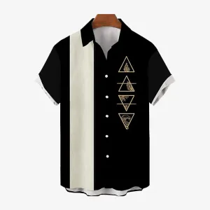 Men's Geometric Bowling Shirt Large Slub Linen Short Sleeve Shirt