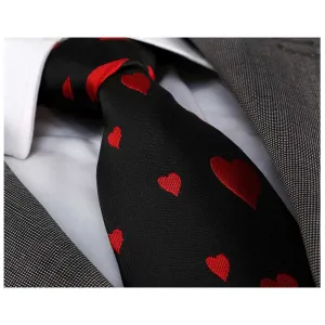 Men's jacquard Solid black with red hearts Premium Neck Tie With Gift Box