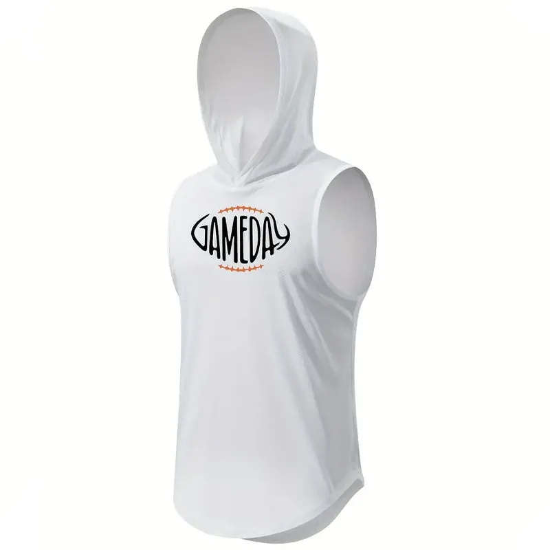 Men's Letter Print Sleeveless Hooded Sports Tank Top