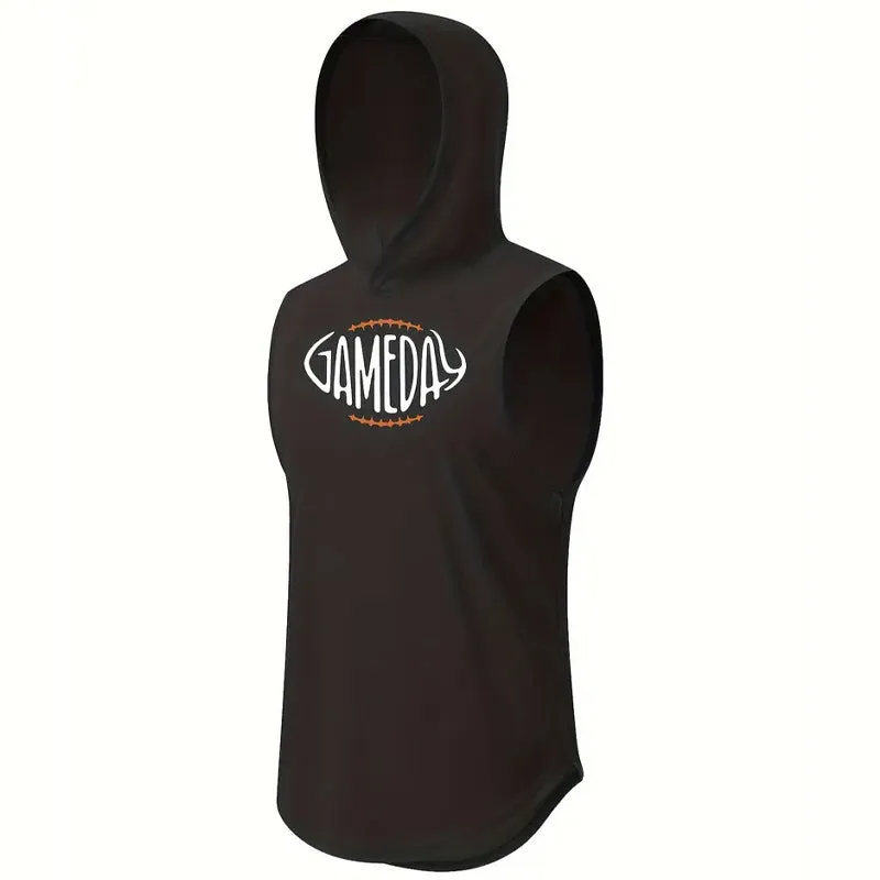 Men's Letter Print Sleeveless Hooded Sports Tank Top
