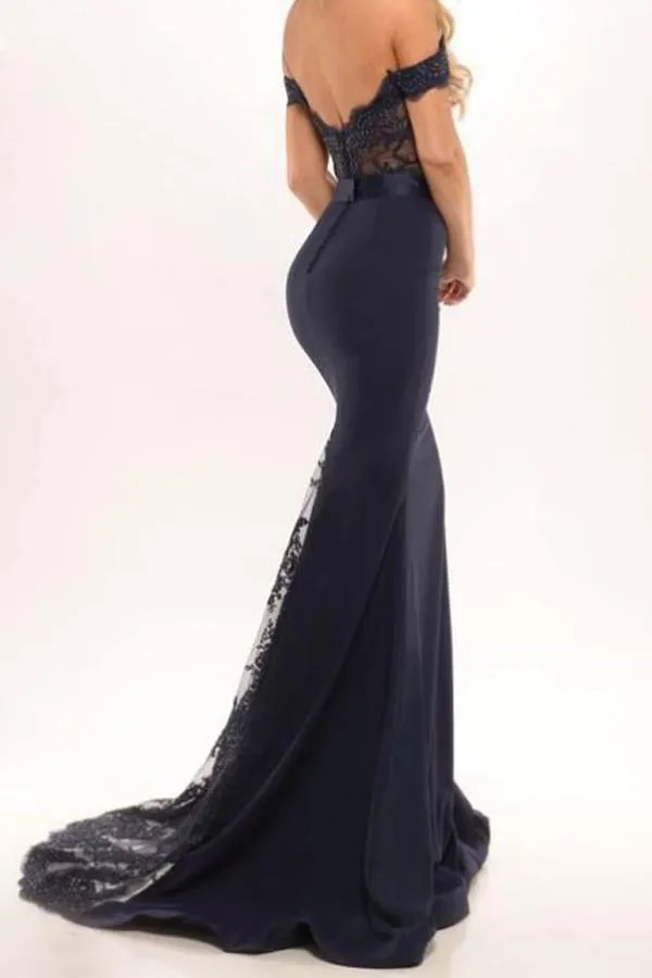 Mermaid Off the Shoulder Navy Blue Prom Dress Evening Dresses PG230