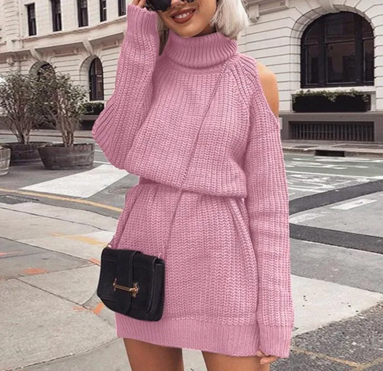 Mid-length High Collar Off-the-shoulder Sweater Dress