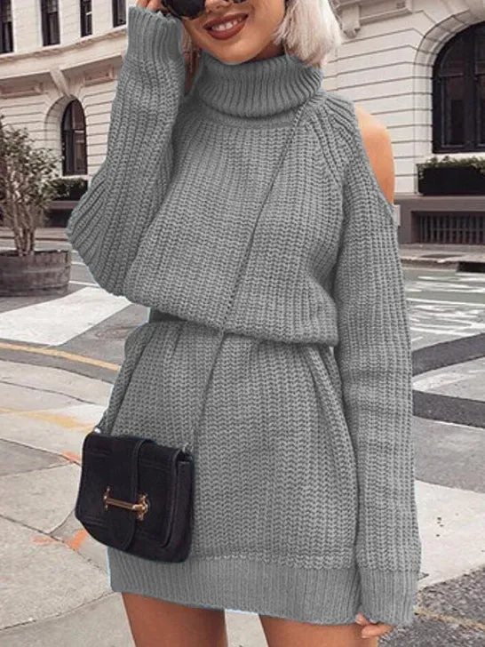 Mid-length High Collar Off-the-shoulder Sweater Dress