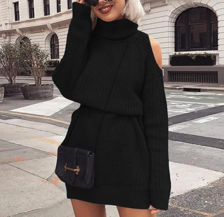 Mid-length High Collar Off-the-shoulder Sweater Dress