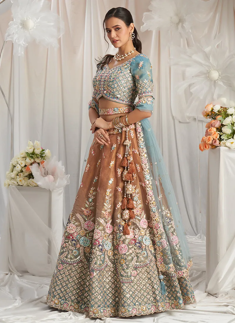 Mustard And Teal Multi Embroidery Designer Lehenga Choli