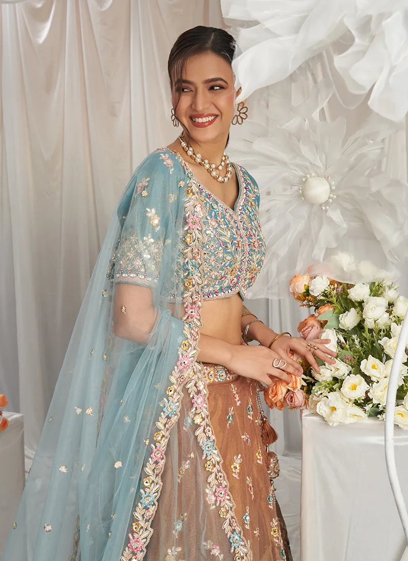 Mustard And Teal Multi Embroidery Designer Lehenga Choli