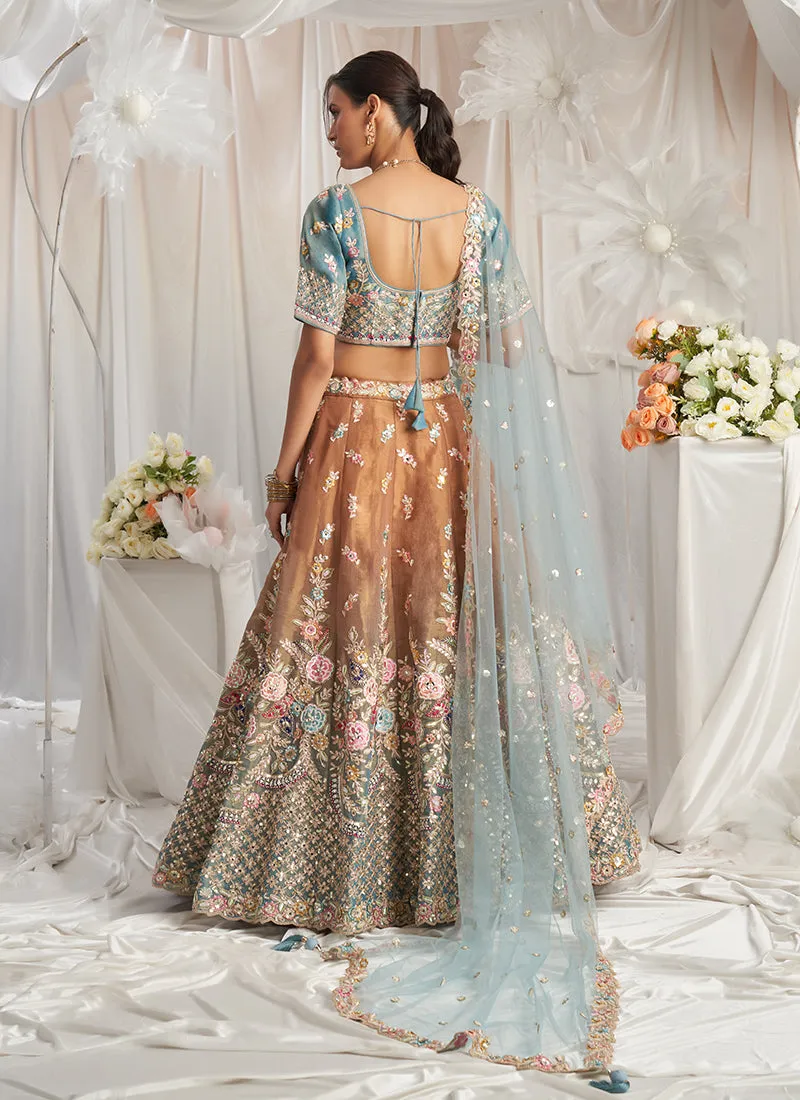 Mustard And Teal Multi Embroidery Designer Lehenga Choli