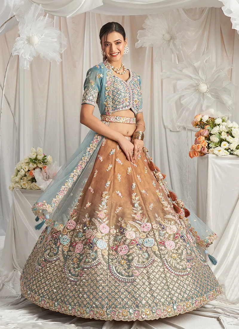 Mustard And Teal Multi Embroidery Designer Lehenga Choli