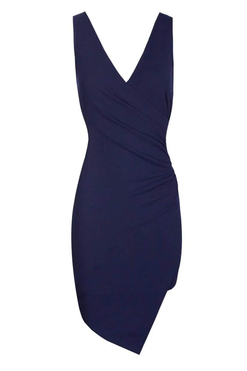 Navy V-Neck Wrap Skirt Dress