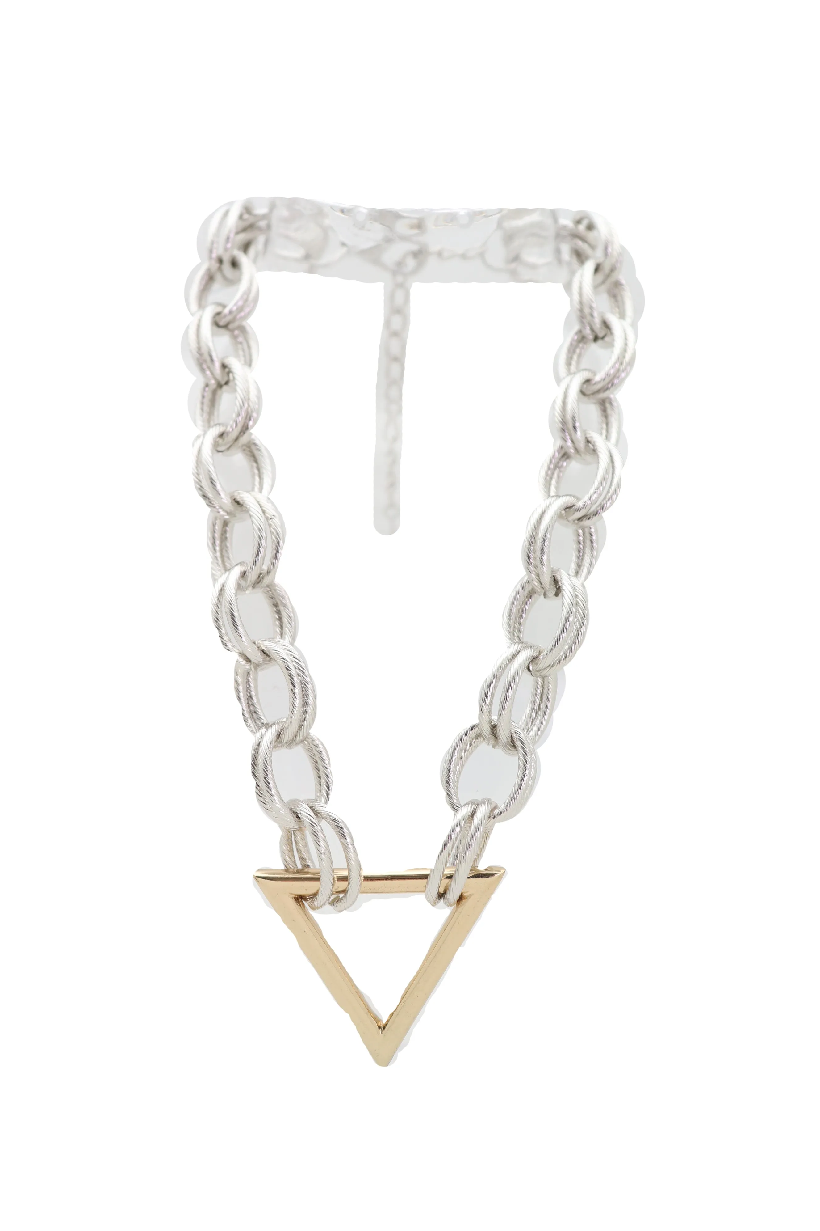 Necklace Silver Metal Chain Links Gold Triangle Pendant