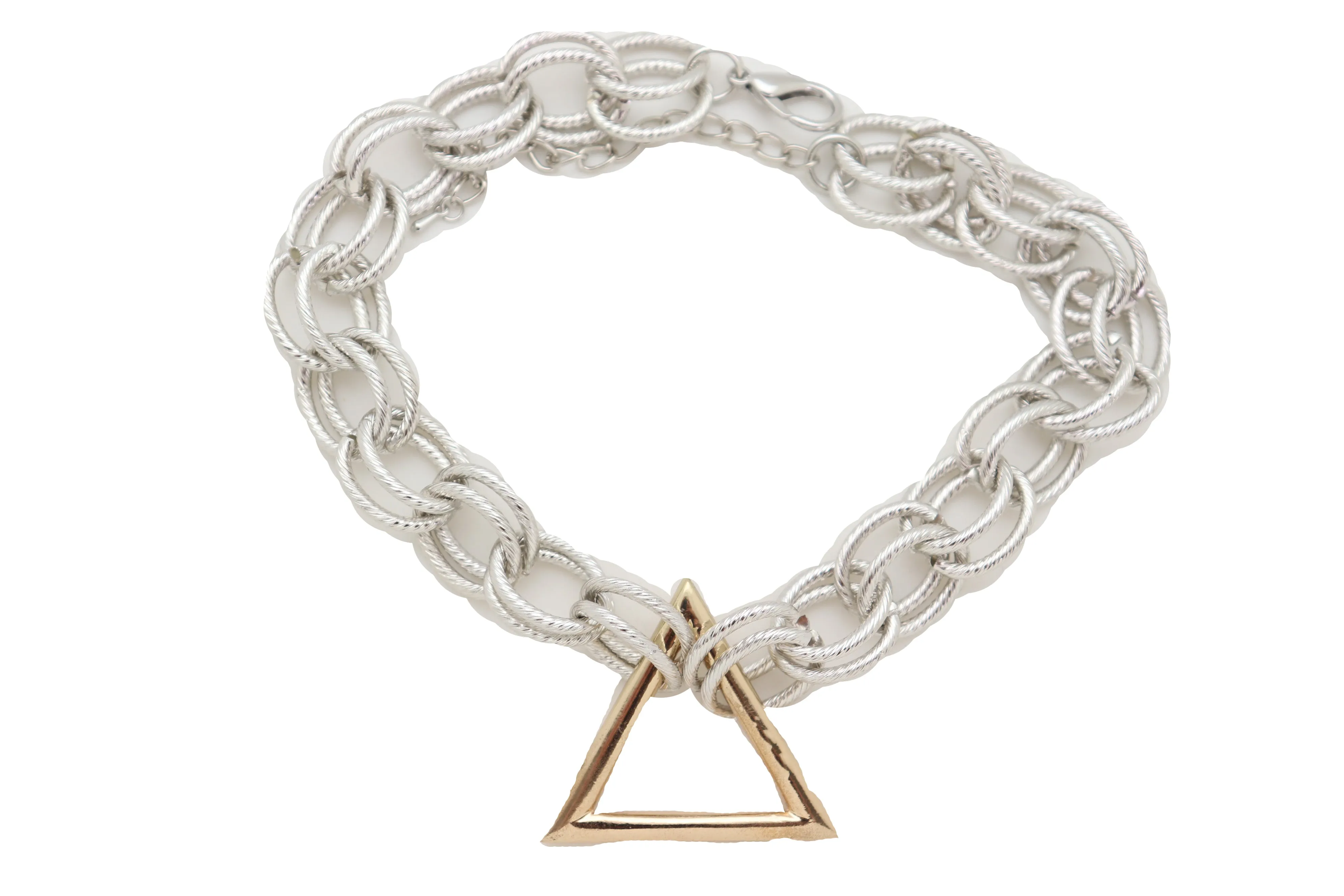 Necklace Silver Metal Chain Links Gold Triangle Pendant