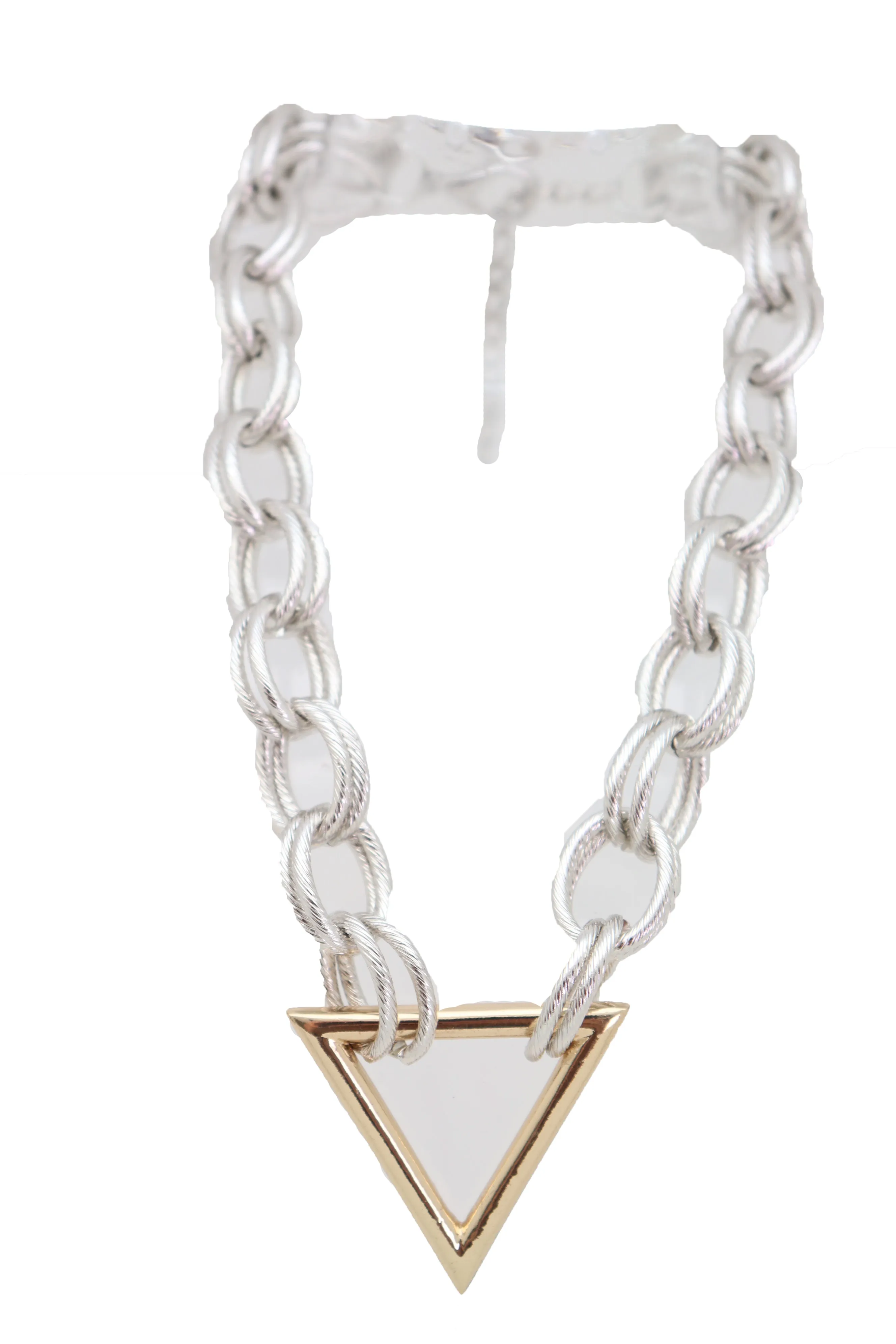 Necklace Silver Metal Chain Links Gold Triangle Pendant