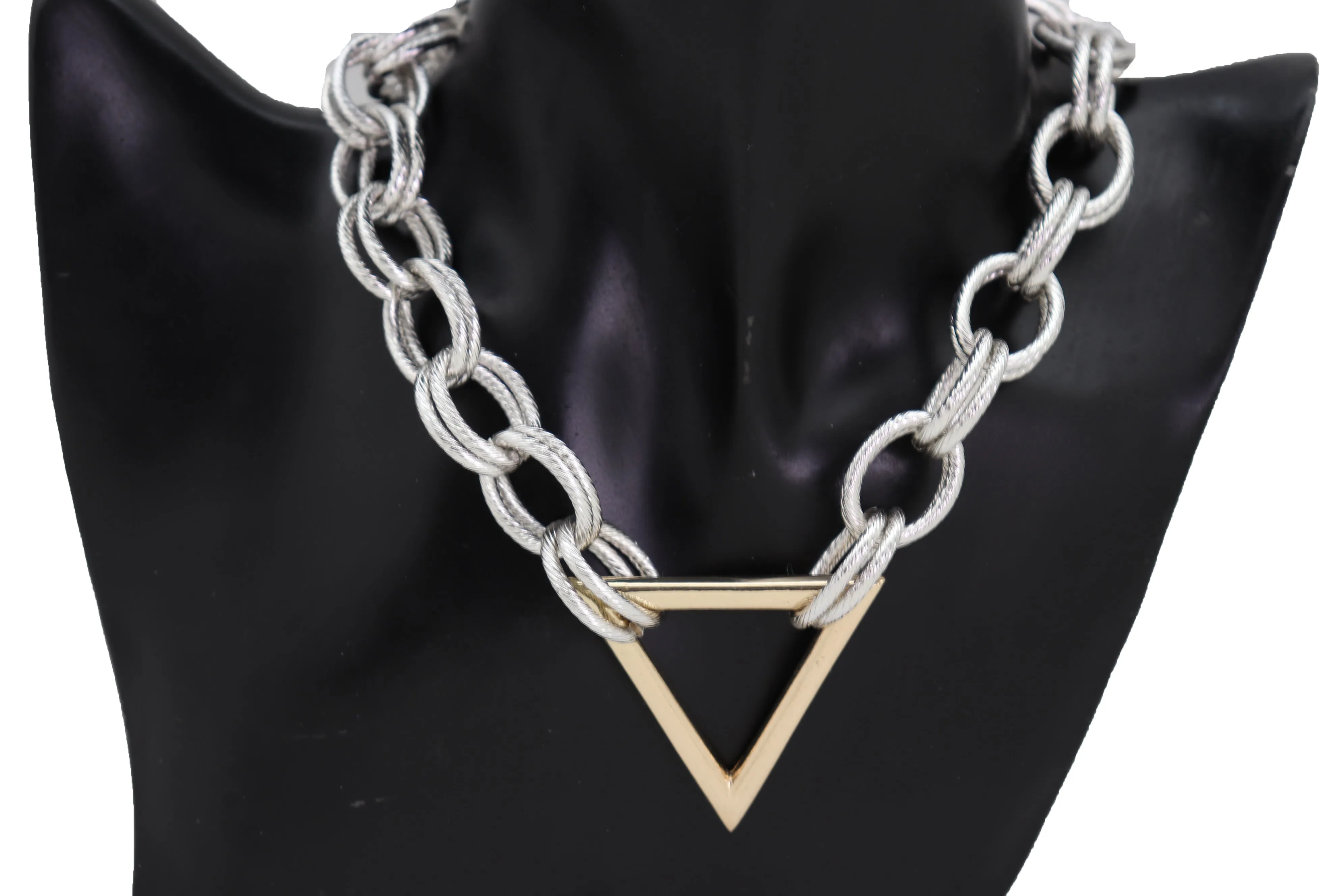 Necklace Silver Metal Chain Links Gold Triangle Pendant